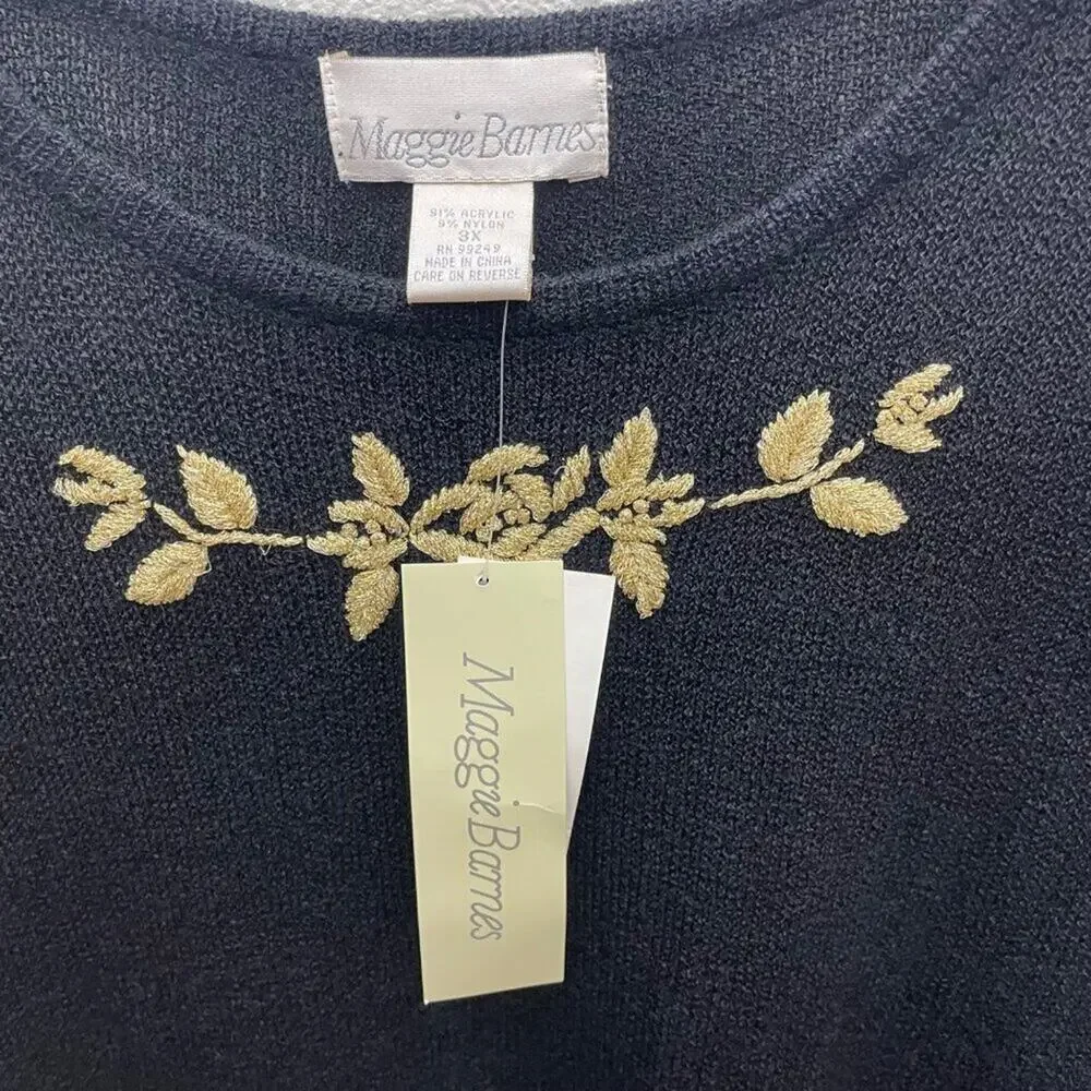 Maggie Barnes Black Knit Sweater With Gold Metallic Embroidery Size 3X NEW